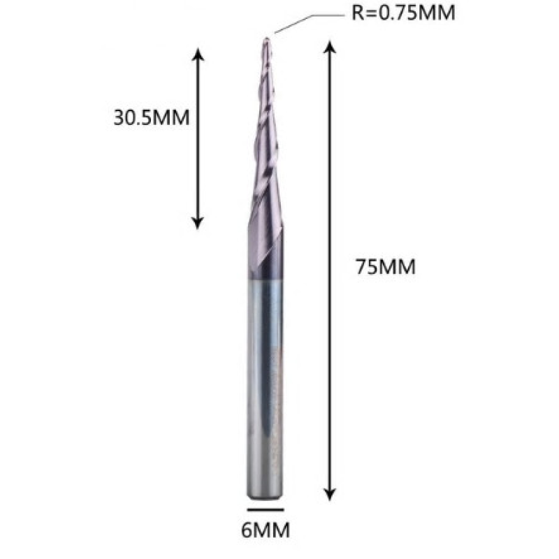 Фреза конусна для ЧПУ R0,75-D6-L75-l30,5 Фреза конусна для ЧПУ R0,75-D6-L75-l30,5