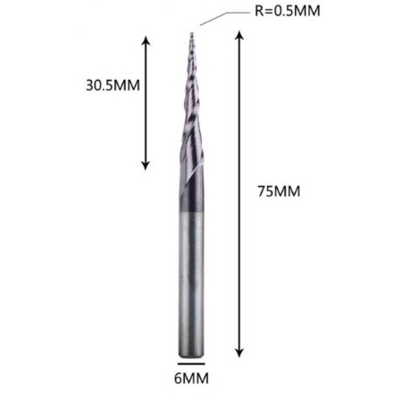 Фреза конусна для ЧПУ R0,5-D6-L75-l30,5 Фреза конусна для ЧПУ R0,5-D6-L75-l30,5