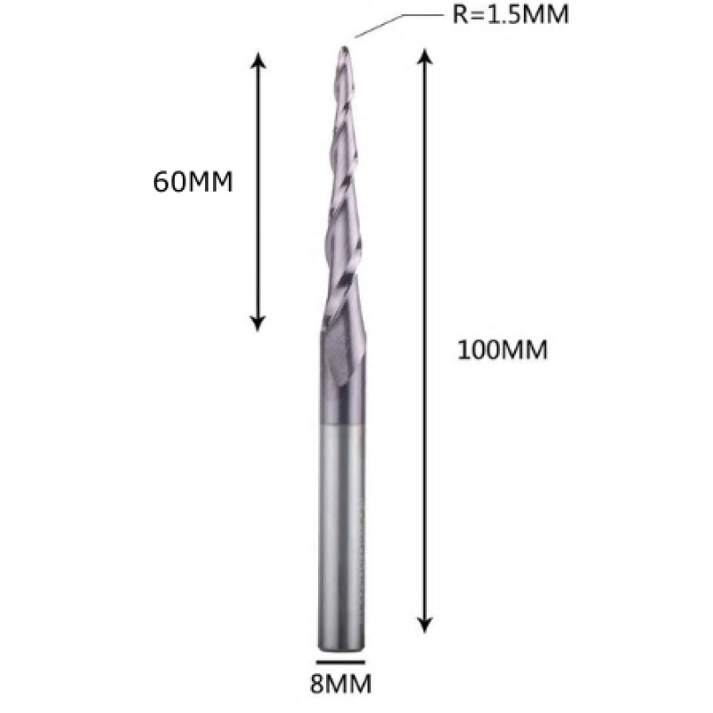 Фреза конусна для ЧПУ R1,5-D8-L100-l60 Фреза конусна для ЧПУ R1,5-D8-L100-l60