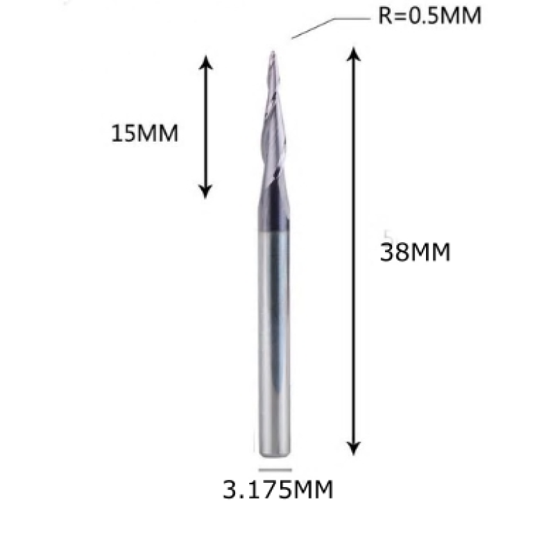Фреза конусна для ЧПУ R0,5-D3,175-L38-l15 Фреза конусна для ЧПУ R0,5-D3,175-L38-l15