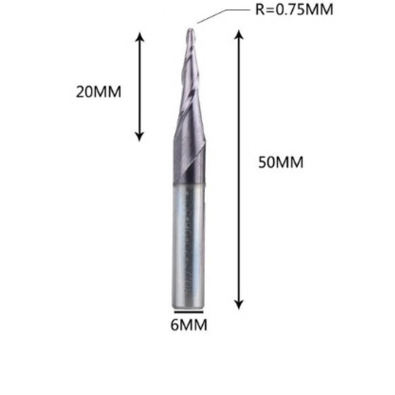 Фреза конусна для ЧПУ R0,75-D6-L50-l20 Фреза конусна для ЧПУ R0,75-D6-L50-l20
